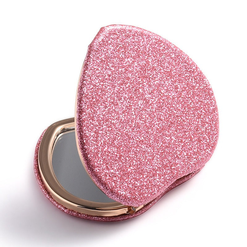 Eleganter, herzförmiger, glitzernder, faltbarer Kosmetikspiegel – roségoldener Rahmen, hypoallergenes Metall, tragbar und praktisch für Mädchen